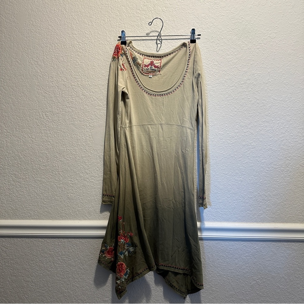 Johnny Was Olive Green Maxi Dress with Floral Embroidery